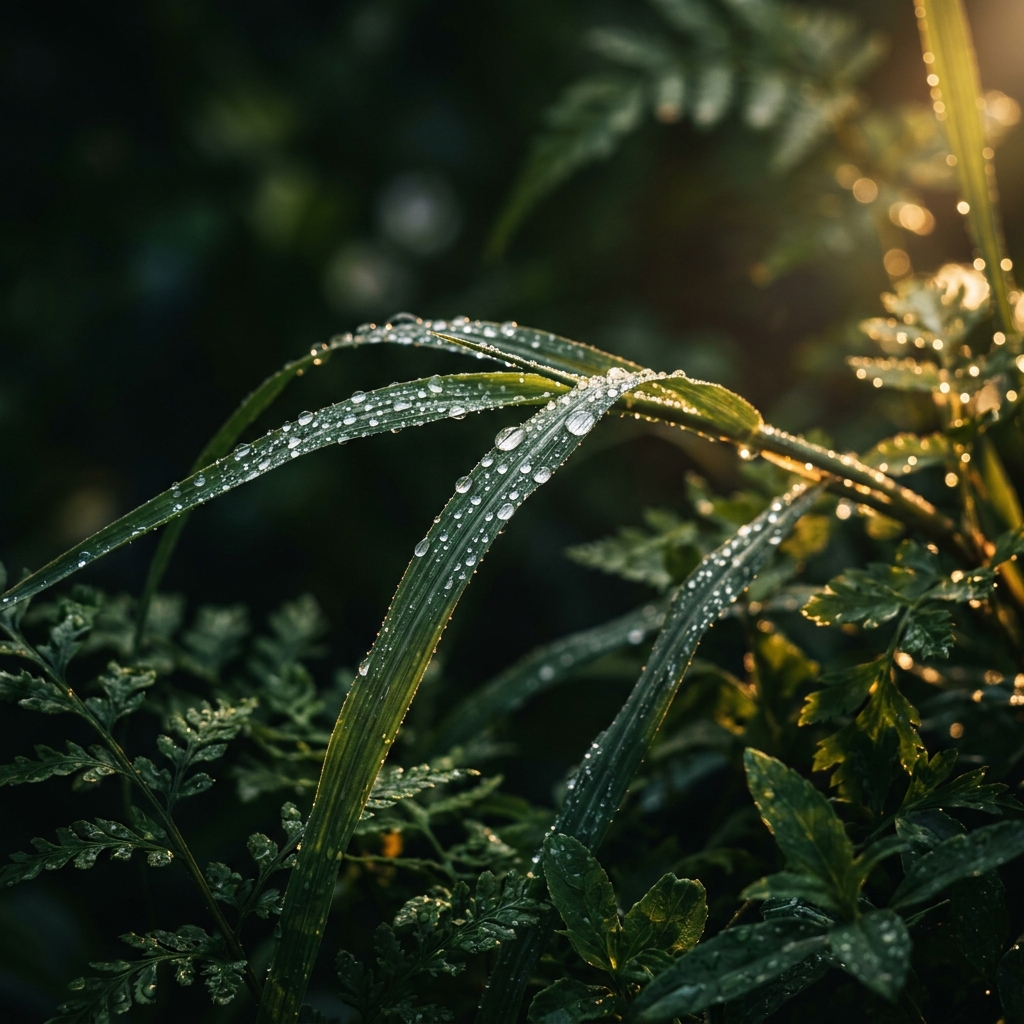 Detail of organic lemongrass leaves and gold sunlight